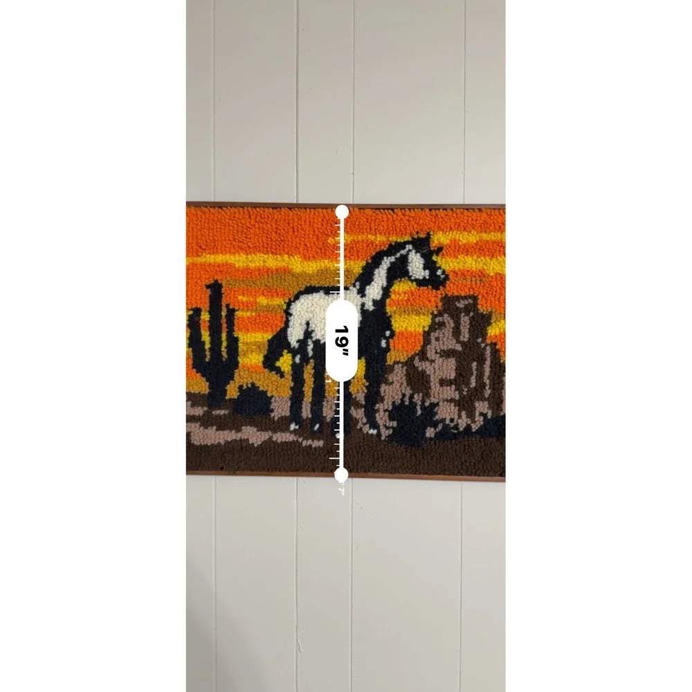 Vintage Latch Hook Wall Hanging Desert Horse Sunset Cactus Framed Yarn Art 24x19